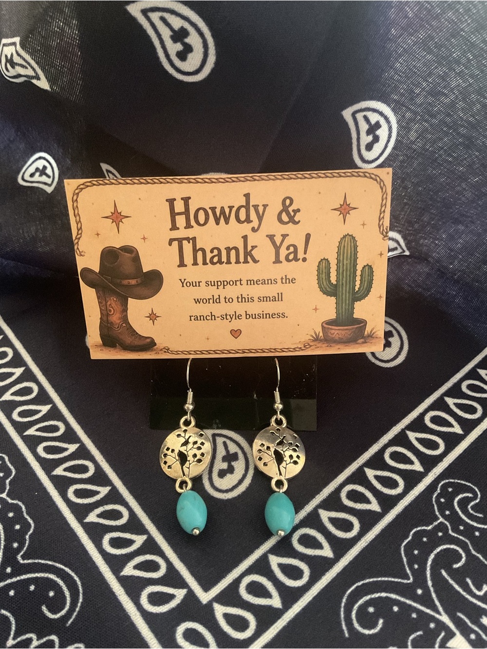 Turquoise Drop Earrings with Silver Tone Tree Discs